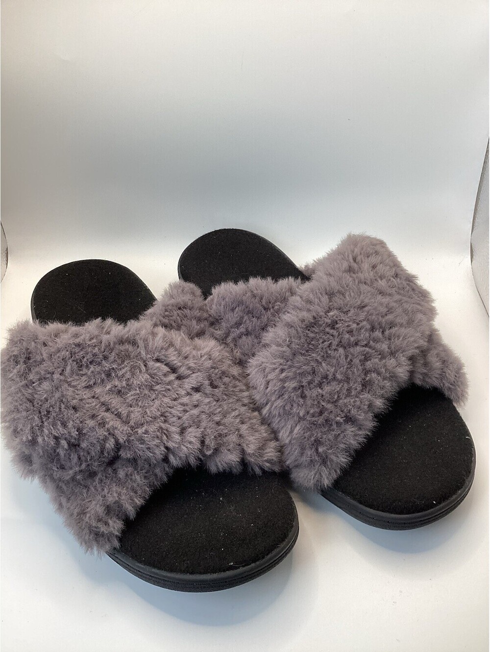 Vionic Women’s Relax II Faux Fur Crossbody Strap Slide Slippers Grey Sz10